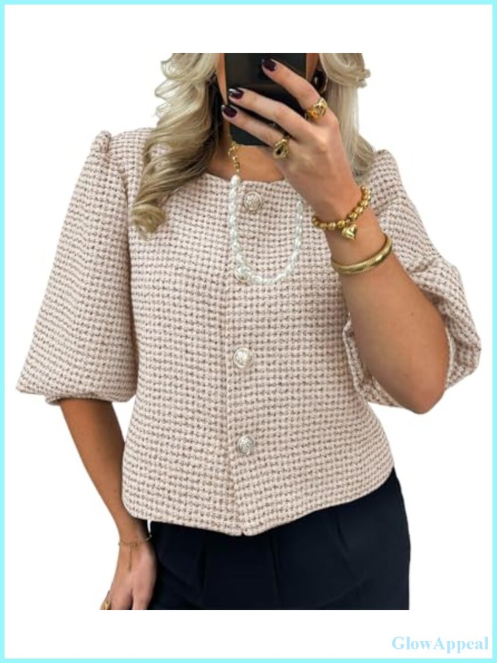 Women's Cropped Tweed Blazer Puff Short Sleeve Business Suit Jacket